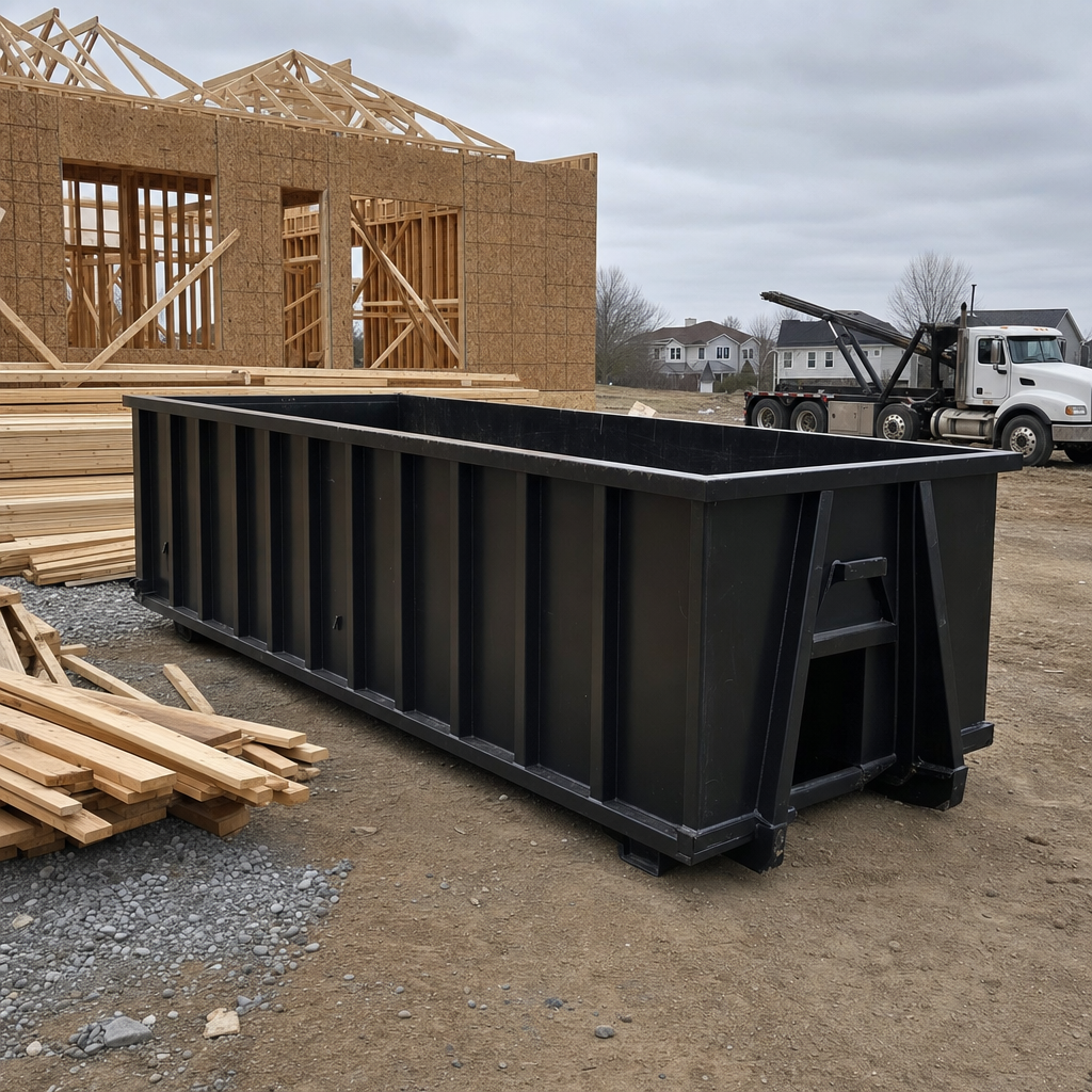 Matte-black 40-yard roll-off dumpster staged on a framed-out residential construction site in Hayward, framing lumber stacked nearby, hooklift delivery truck visible in the background under bright Colorado daylight