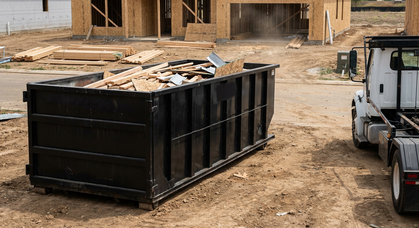 Matte-black 20-yard roll-off construction dumpster with heavy ribbed steel sidewalls and swing rear doors at a working jobsite in Hayward, sitting directly on compacted dirt with an unmarked white hauler partially visible at the far edge of the frame.