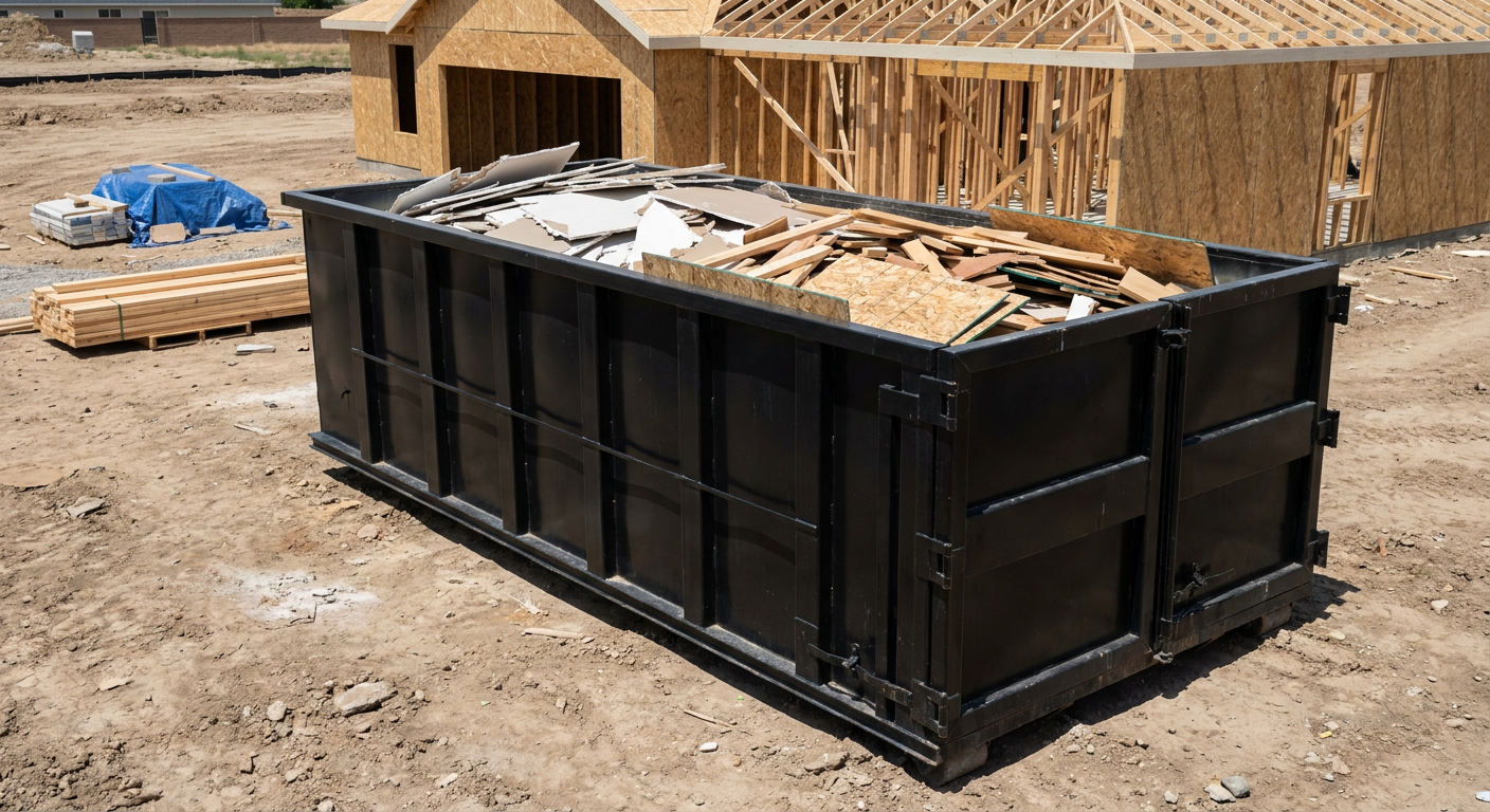 Matte-black 30-yard roll-off construction dumpster sitting directly on the compacted-dirt site of a framed single-family home build in Hayward, drywall and lumber scrap loaded inside.