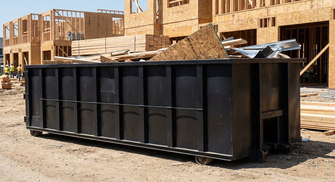 Matte-black 40-yard roll-off construction dumpster being lowered from a white-cab hooklift delivery truck onto the compacted-dirt jobsite at a commercial build site in Hayward