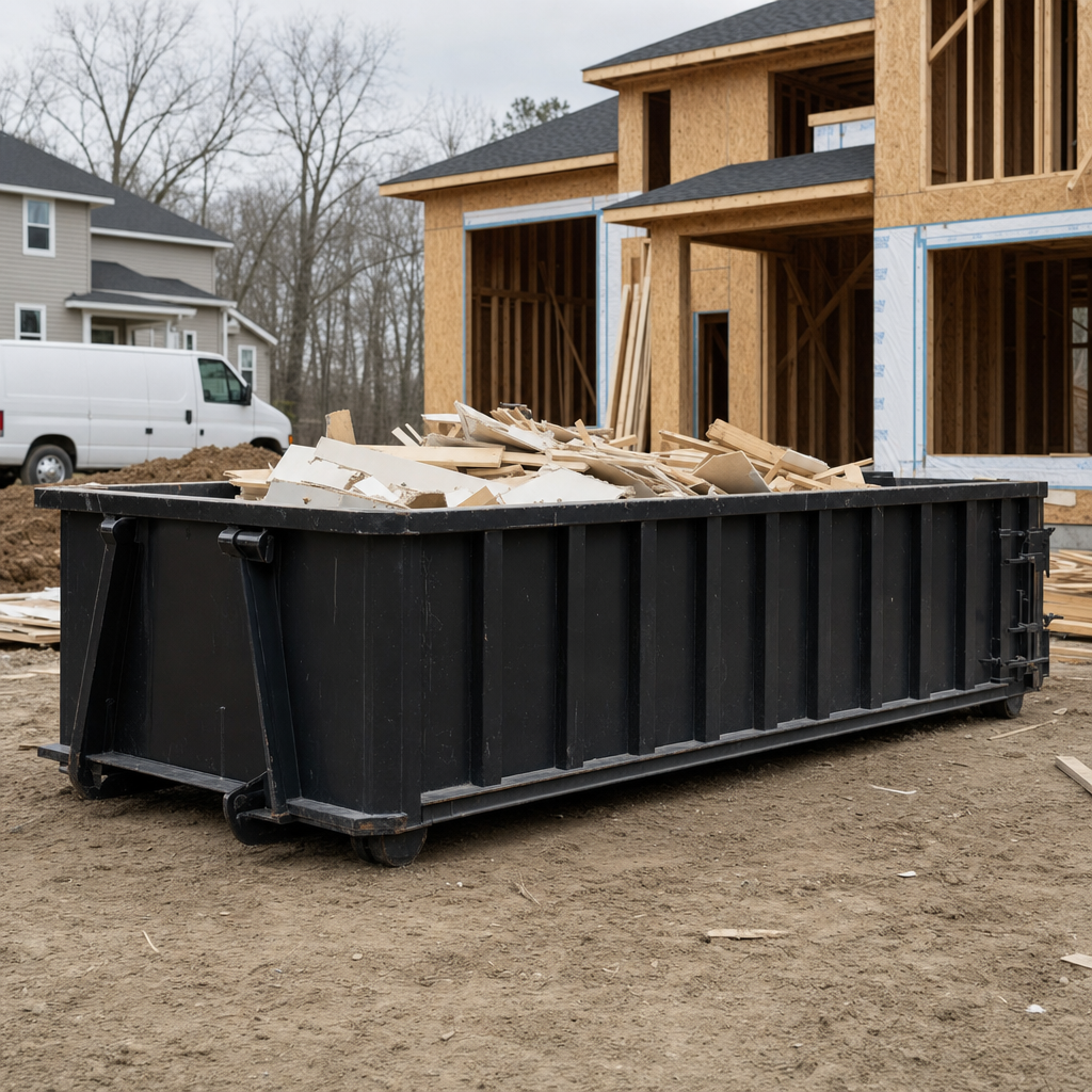 Worker in a yellow high-visibility vest tossing framing lumber and broken drywall into a matte-black 30-yard construction roll-off dumpster on an active build site in Hayward, bright daylight