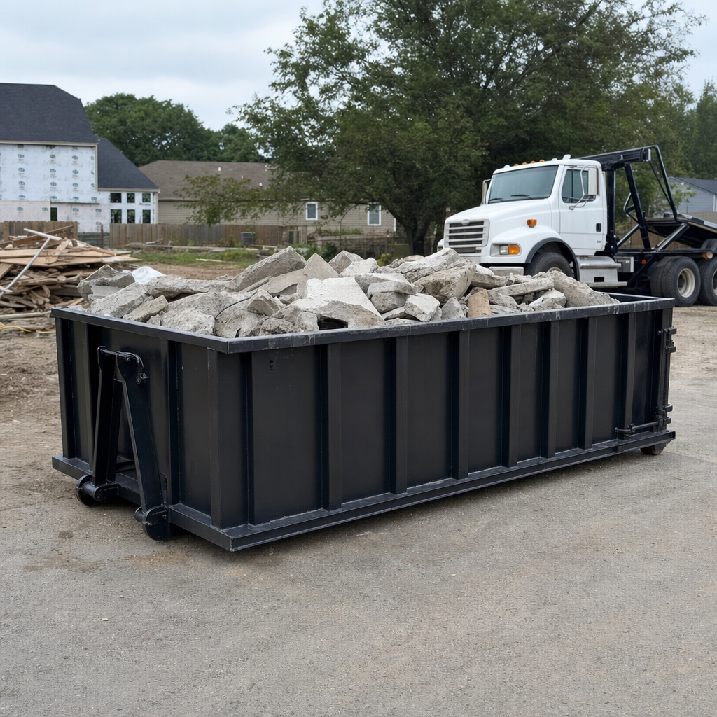 Low-profile matte-black lowboy roll-off dumpster loaded with broken concrete slab and rebar at a foundation tear-out in Hayward, skid steer parked beside it, sunny Colorado morning
