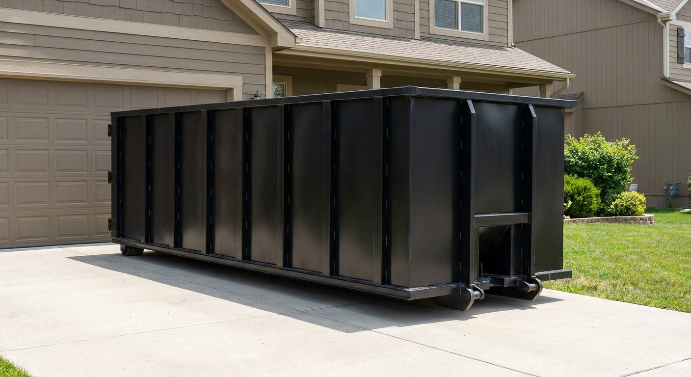 Matte-black residential roll-off dumpster sitting directly on a suburban Hayward concrete driveway, garage door closed, single-family home in background, bright morning daylight.