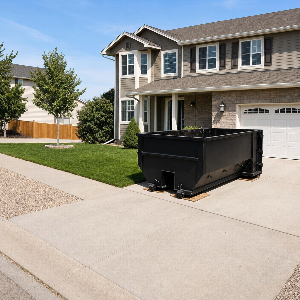 10-yard matte-black residential dumpster placed directly on a narrow Hayward concrete driveway, room remains for a parked sedan beside it, mid-morning natural light