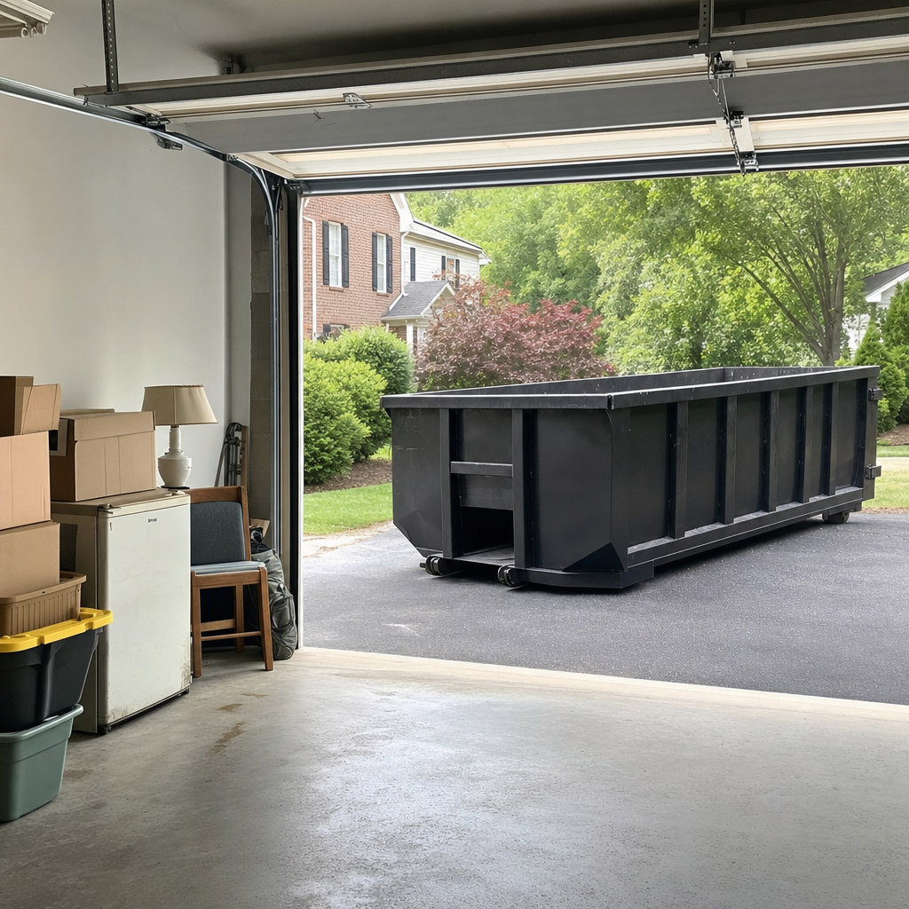 Open garage interior in a Hayward home mid-cleanout — boxed items, an old appliance, and stacked yard tools queued near the driveway for a matte-black roll-off dumpster, organized and calm