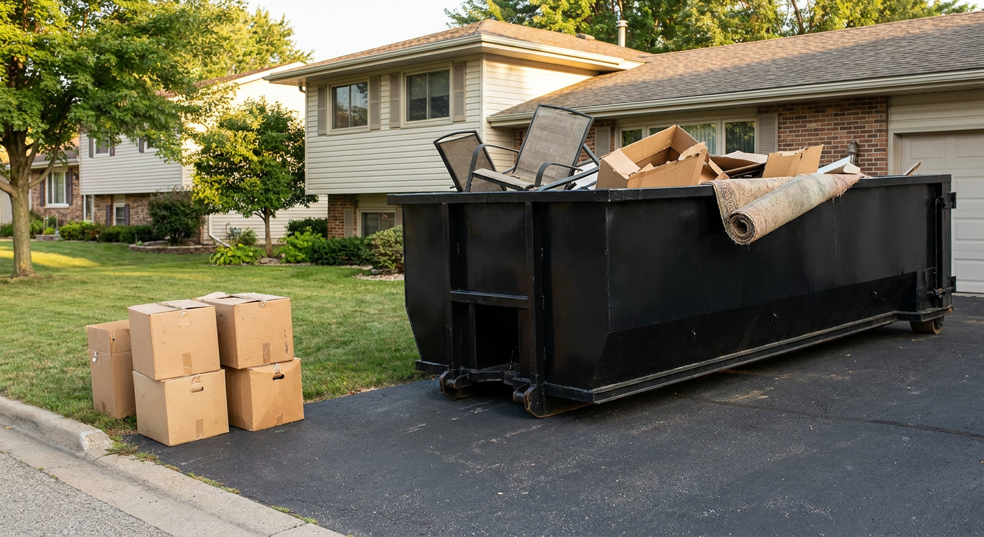 Front-yard view of a Hayward split-level home with a 20-yard matte-black roll-off dumpster sitting directly on the asphalt driveway, a few clearly labeled donation boxes staged at the curb, calm sunny afternoon.