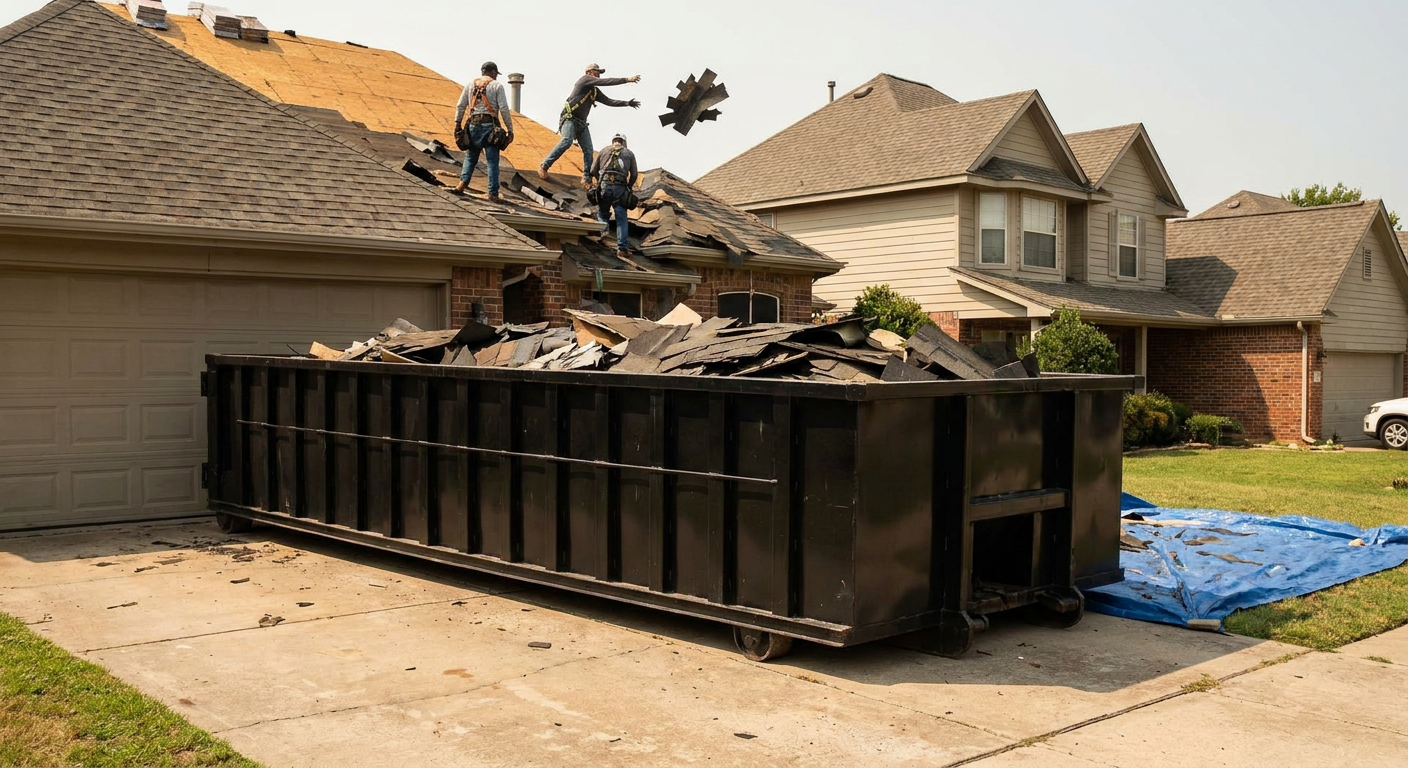 Matte-black roofing roll-off dumpster placed directly on a Hayward residential concrete driveway, a tear-off crew on a two-story asphalt-shingle roof tossing shingle bundles into the low-walled container, bright daylight, documentary 35mm perspective.
