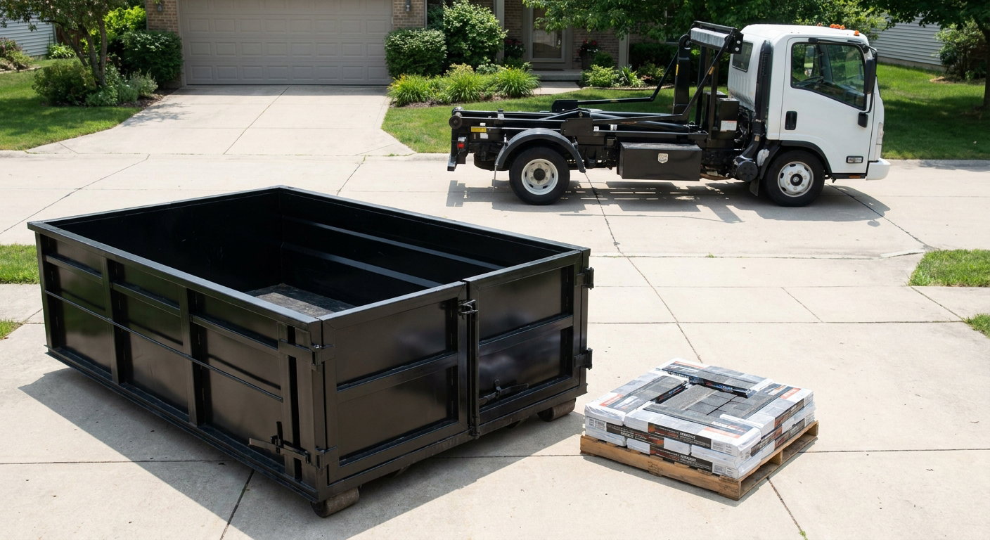 Matte-black 15-yard roofing roll-off dumpster with reinforced low side walls sitting directly on a Hayward residential concrete driveway, three-tab asphalt shingle bundles stacked nearby, an unmarked white hauler truck partially visible at the edge of the frame.