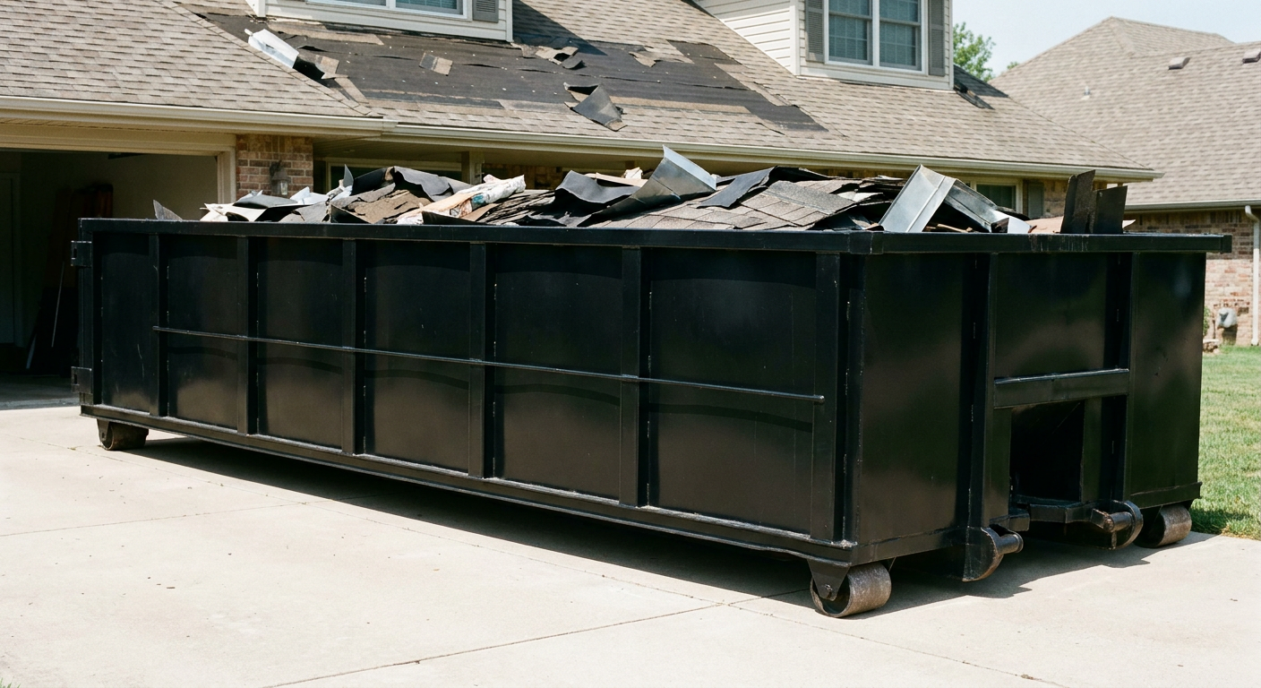 Matte-black 20-yard roofing roll-off dumpster with steel ribbed sides and swinging rear door, sitting directly on the concrete driveway of a two-story Hayward home, asphalt shingle debris being loaded over the low wall, clean documentary lighting.