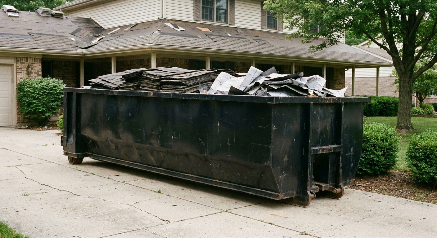 Matte-black 30-yard roofing roll-off dumpster sitting directly on a Hayward concrete driveway, taller ribbed steel side panels, mixed tear-off debris of asphalt shingles and underlayment inside, professional documentary daylight.