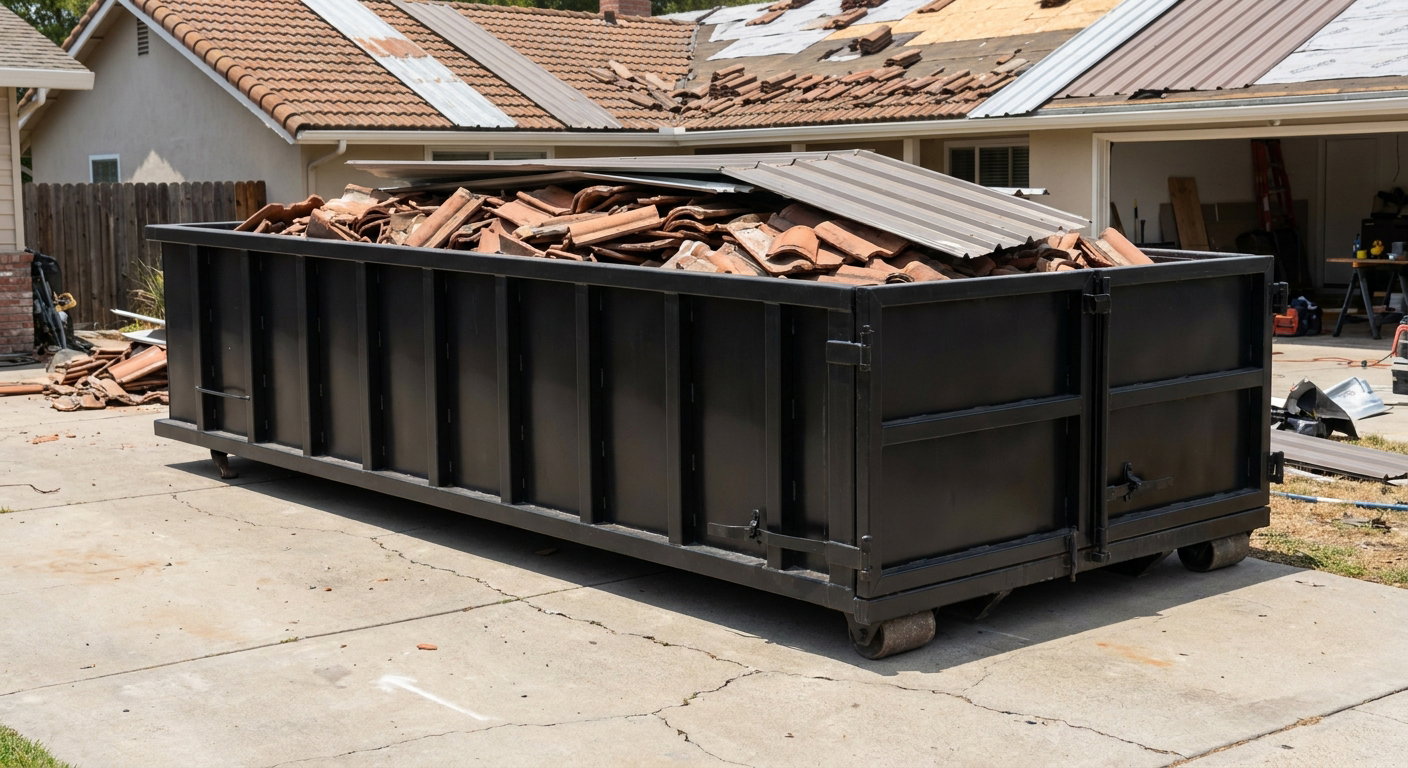 Matte-black low-wall heavy-debris roofing roll-off dumpster sitting directly on a Hayward concrete driveway, broken concrete clay roof tiles and metal panel sections loaded inside, reinforced ribbed steel side walls visible, bright outdoor daylight.