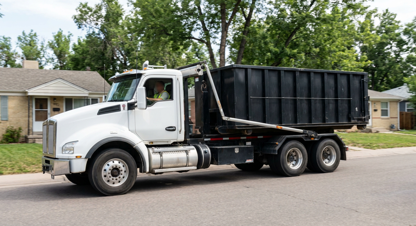 A wide documentary shot of a matte-black roll-off delivery truck pulling onto a quiet Hayward residential street at mid-morning, with neighborhood rooftops and tree-lined blocks visible behind, showing the metro coverage footprint.