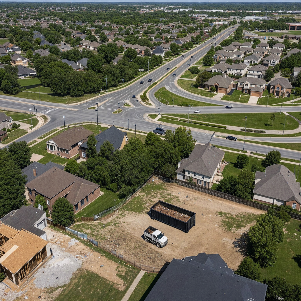 An overhead documentary view of the Hayward metro area at midday, showing the spread of neighborhoods, arterial roads, and the dispatch radius from a central yard — clean daylight, organized geographic layout.