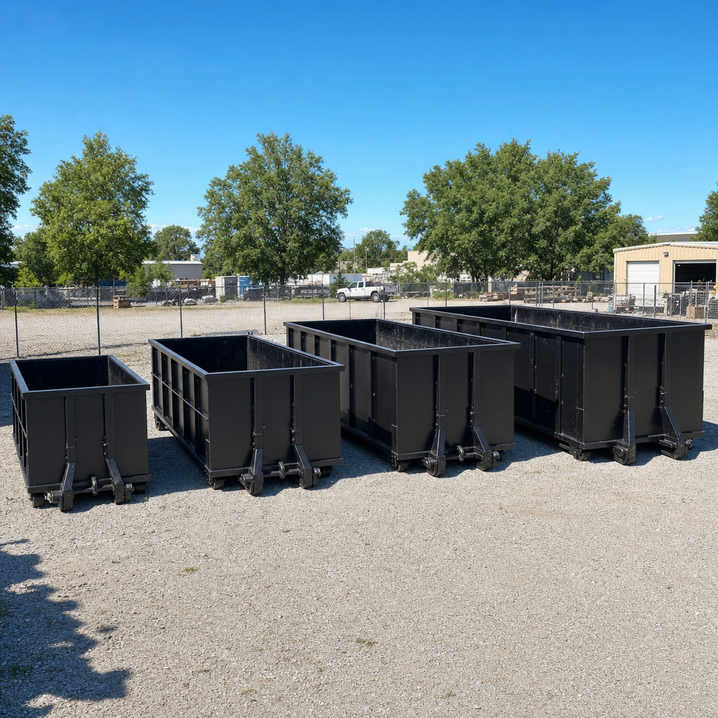 A clean lineup of matte-black roll-off dumpsters in 10, 20, 30, and 40-yard sizes staged on a sunlit gravel yard in Hayward, showing the size progression from compact to commercial-scale containers.