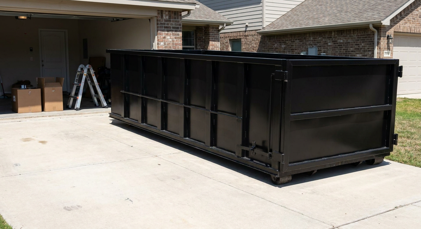A matte-black 10-yard roll-off dumpster sitting directly on a residential Hayward concrete driveway, mid-day sunlight, clean and ready for a garage cleanout.