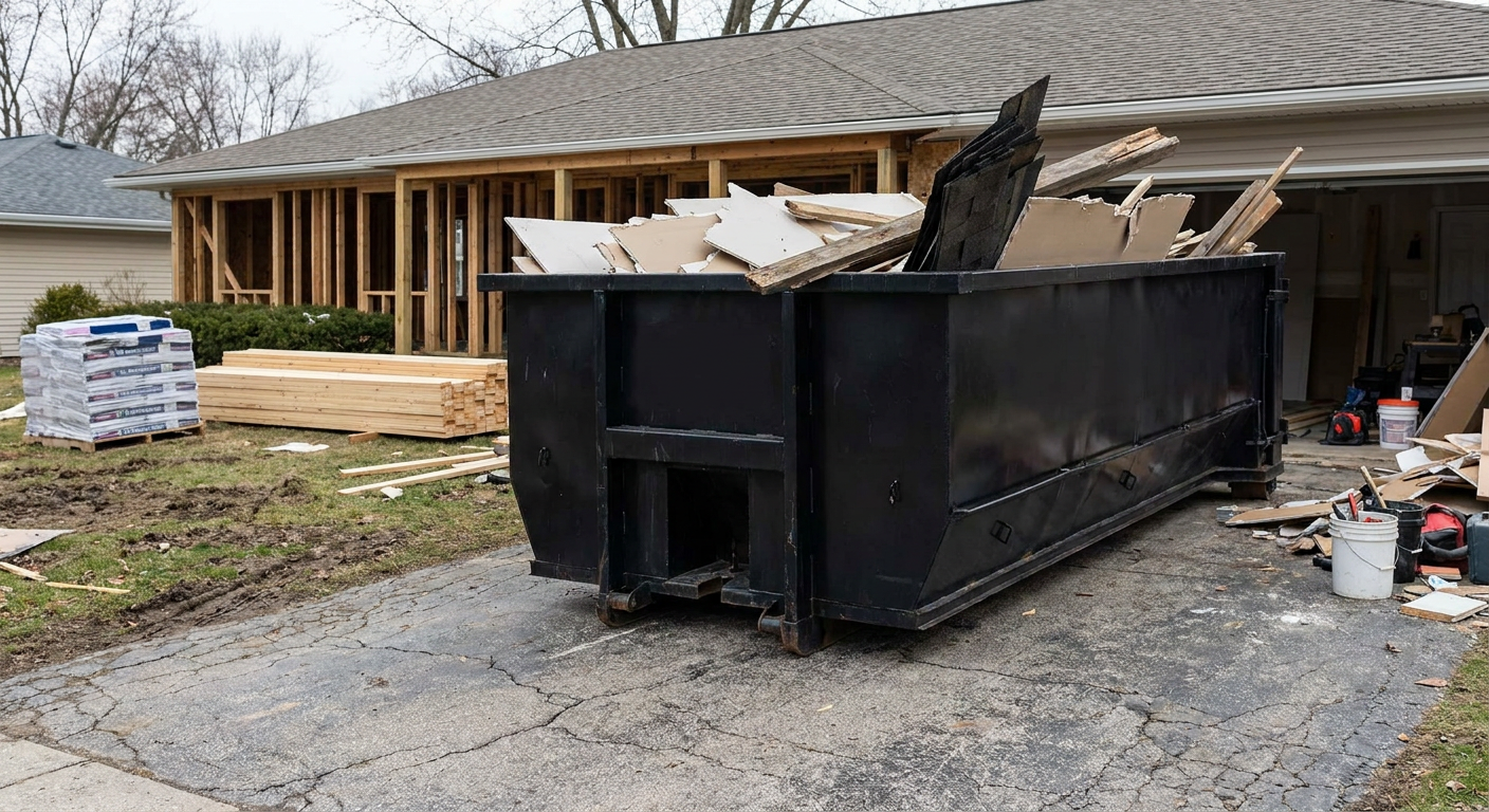 A matte-black 20-yard roll-off dumpster placed alongside a mid-renovation Hayward home directly on the asphalt driveway, with framing materials and torn-off shingles staged neatly nearby.