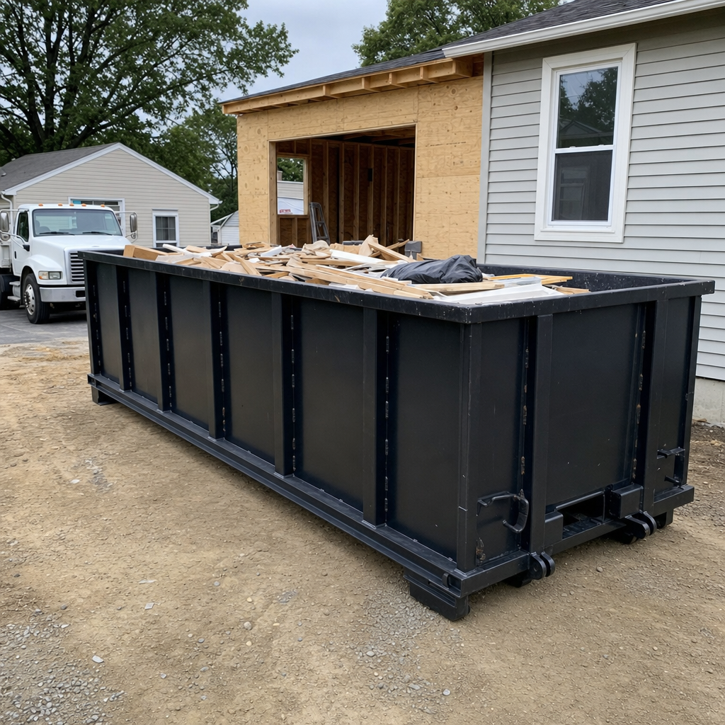 A matte-black 30-yard roll-off dumpster positioned at a Hayward residential addition jobsite, with framing lumber and drywall scraps loaded through the open swinging rear doors.