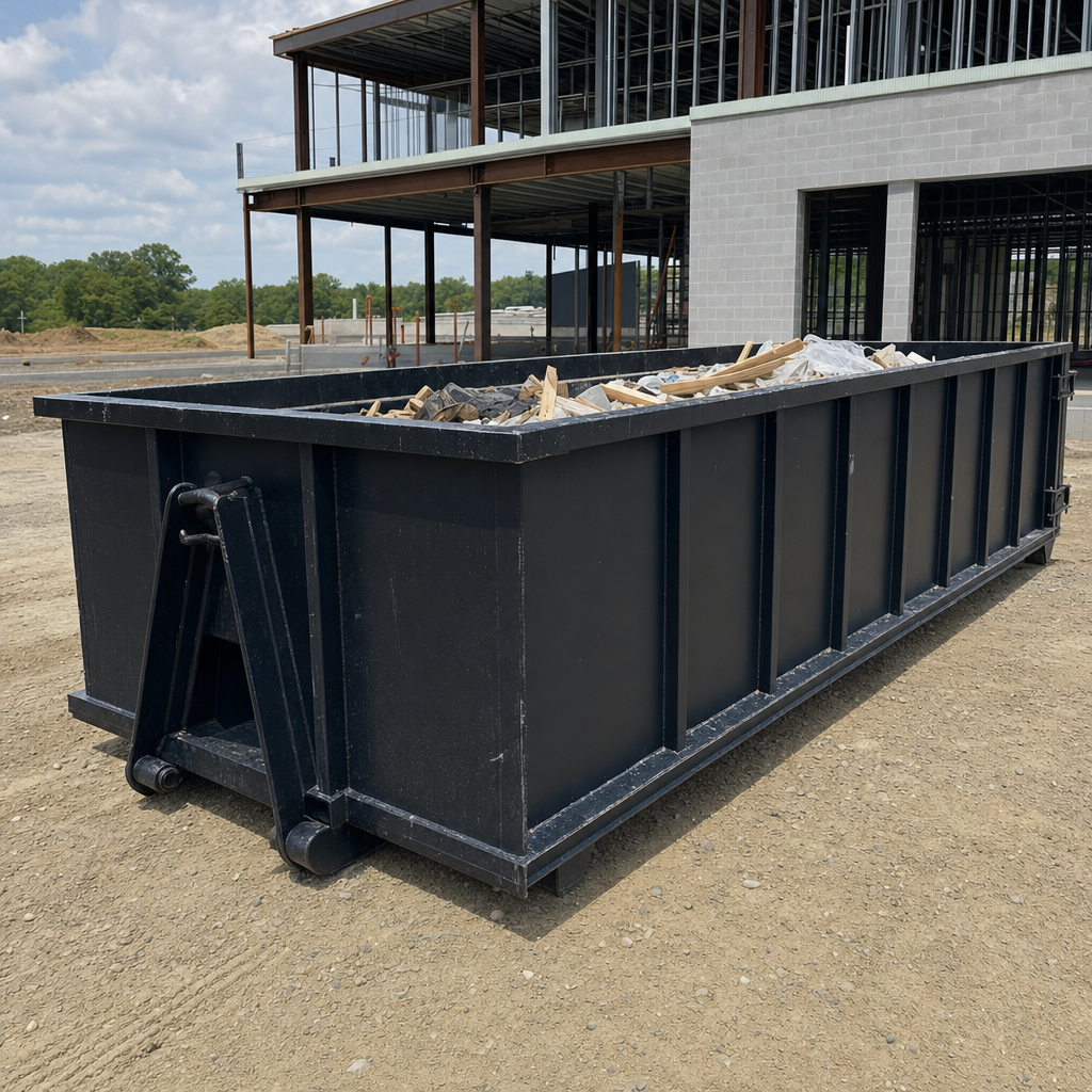 A matte-black 40-yard roll-off dumpster staged on a large Hayward commercial construction lot, with a hooklift delivery truck parked alongside under bright midday sky.