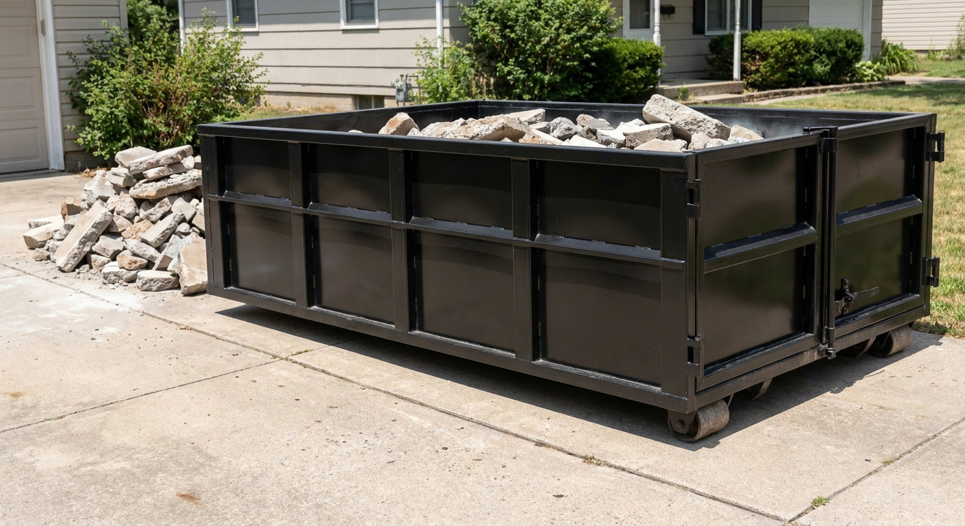 A matte-black low-side heavy-debris roll-off dumpster placed directly on a Hayward concrete driveway, with broken concrete chunks neatly stacked beside it under clean daylight.